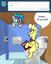 Size: 666x827 | Tagged: safe, artist:mod wit, oc, oc only, oc:bananas wit, ask, askbananaswit, bathroom, bathroom stall, do you mind, magazine, peering, privacy, sitting, sitting on toilet, tile, tiled floor, toilet, toilet humor, toilet paper, tumblr