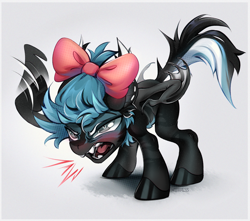 Size: 2863x2536 | Tagged: safe, artist:mithriss, oc, oc only, bat pony, pony, bow, chibi, clothes, evil, fangs, male, solo, stallion, wings