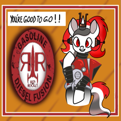 Size: 507x507 | Tagged: safe, artist:wh189, oc, oc:red rocket, robot, unicorn, fallout equestria, advertisement, clothes, costume, fallout, horn, looking at you, unicorn oc