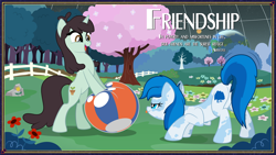 Size: 3840x2160 | Tagged: safe, artist:facelessjr, sprout greenhoof, oc, oc:fallen oakley, earth pony, unicorn, art pack:nuclear neighs and deco days, g4, ball, bipedal, crouching, detailed background, earth, excited, female, females only, fence, flower, framed picture, grass, happy, hill, horn, las pegasus resident, meadow, mlem, narrowed eyes, nature, planet, playing, quote, show accurate, silly, space, space station, stars, sun, tail, text, tongue out, tree