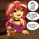 Size: 1500x1500 | Tagged: safe, artist:tjpones, sunset shimmer, human, equestria girls, g4, alcohol, big breasts, breast rest, breasts, bronybait, busty sunset shimmer, choker, dialogue, drink, female, flirting, glass, indoors, looking at you, narrowed eyes, open mouth, open smile, smiling, smiling at you, solo, speech bubble, talking to viewer