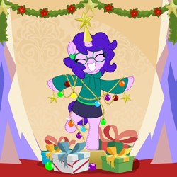 Size: 5000x5000 | Tagged: safe, artist:jhayarr23, oc, oc only, oc:artshine aura, original species, plush pony, pony, unicorn, christmas, glasses, holiday, horn, nonbinary oc, plushie, present, unicorn oc