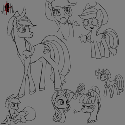 Size: 1155x1155 | Tagged: safe, artist:this_sl0th, applejack, rarity, earth pony, pony, unicorn, g4, applejack's hat, breath, bust, comb, cowboy hat, emanata, female, freckles, gray background, grayscale, hat, horn, levitation, magic, magic aura, mare, monochrome, simple background, sketch, sketch dump, solo, telekinesis, thin