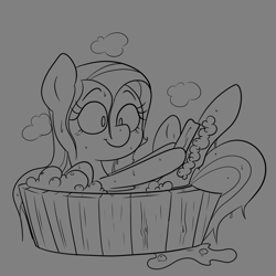 Size: 1155x1155 | Tagged: safe, artist:this_sl0th, fluttershy, pegasus, pony, g4, bath, bathing, brush, female, gray background, grayscale, mare, monochrome, simple background, smiling, solo, tub, washing, wet, wet mane