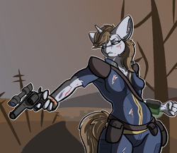 Size: 1254x1087 | Tagged: safe, artist:pen-and-paper, oc, oc:littlepip, unicorn, anthro, fallout equestria, angry, blood, clothes, female, gun, handgun, horn, injured, jumpsuit, little macintosh, outline, pointing, revolver, scowl, solo, torn clothes, vault suit