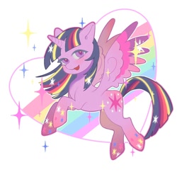 Size: 1000x1000 | Tagged: safe, artist:青苔上石, twilight sparkle, alicorn, pony, :d, blushing, female, full body, heart, mare, open mouth, open smile, rainbow, rainbow power, simple background, smiling, solo, sparkles, spread wings, twilight sparkle (alicorn), white background, wings