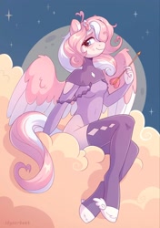 Size: 1438x2048 | Tagged: safe, artist:skysorbett, oc, oc only, pegasus, anthro, arrow, clothes, cloud, female, hooves, horns, looking at you, moon, sitting, sky, smiling, smiling at you, solo, stars, winged hooves, wings