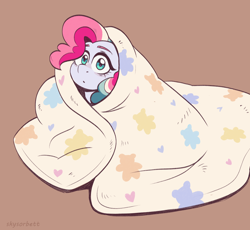 Size: 2176x2000 | Tagged: safe, artist:skysorbett, oc, oc:sky sorbet, pony, blanket, blanket burrito, colored sketch, female, looking at you, mare, simple background, sketch, solo