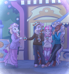 Size: 4837x5186 | Tagged: safe, artist:byefella, horse, anthro, unguligrade anthro, absurd file size, absurd resolution, bailey (wild manes), candi (wild manes), cherie (wild manes), chocolate, clothes, coat, cocoa (wild manes), drink, drinking, eyes closed, female, food, hot chocolate, mare, open mouth, open smile, outdoors, smiling, wild manes