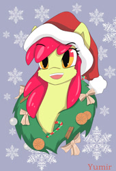 Size: 1305x1920 | Tagged: safe, artist:yumir, apple bloom, orange slice, earth pony, pony, g4, adorabloom, bow, bust, candy, candy cane, christmas, cute, female, filly, foal, food, happy new year, hat, holiday, new year, open mouth, patterned background, santa hat, snow, snowflake, wreath