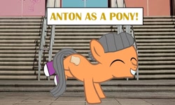 Size: 1545x930 | Tagged: safe, artist:memeartboi, oc, earth pony, pony, g4, anton, bread, clothes, colt, colt oc, content, cute, earth pony oc, eyes closed, foal, food, grin, happy, hopping, male, male oc, outdoors, ponified, purple socks, school, sliced bread, smiling, socks, solo, solo male, teeth, text, the amazing world of gumball, toast