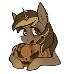 Size: 916x1004 | Tagged: safe, artist:mel, oc, oc only, oc:skivvy, pony, unicorn, ear piercing, halloween, holiday, horn, horn ring, piercing, pumpkin, pumpkin carving, ring, simple background, solo, transparent background