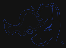 Size: 3004x2212 | Tagged: safe, artist:malthehellbat, princess luna, alicorn, g4, black background, ethereal mane, female, flowing mane, head shot, horn, lineart, mare, monochrome, plasma mane, simple background, slit pupils, smiling, solo