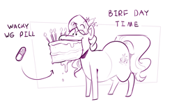 Size: 1950x1150 | Tagged: safe, artist:secretgoombaman12345, diamond tiara, earth pony, pony, g4, birthday cake, birthday candles, cake, candle, chubby, chubby diamond, eating, fat, food, implied weight gain, jewelry, large butt, monochrome, older, older diamond tiara, passepartout, pills, sketch, text, tiara, wide hips