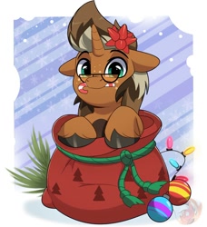 Size: 1822x1999 | Tagged: safe, artist:joaothejohn, oc, oc only, oc:macchiato, pony, unicorn, candy, candy cane, christmas, christmas lights, commission, cute, floppy ears, food, glasses, holiday, horn, looking at you, passepartout, santa sack, text, unicorn oc, ych result