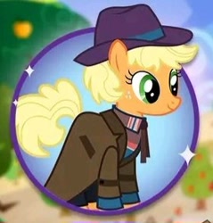 Size: 280x293 | Tagged: safe, applejack, earth pony, pony, g4, alternate hairstyle, detective, needs more jpeg, short hair