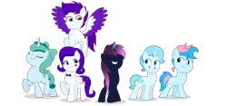 Size: 4195x1956 | Tagged: safe, artist:ramixe dash, oc, oc only, oc:blue chewings, oc:crystal heart g5, oc:lightning stars, oc:osiris eclipse, oc:prixy, oc:violet sparkle, earth pony, pegasus, pony, unicorn, g4, g5, base used, female, g5 to g4, generation leap, horn, mare, simple background, transparent background