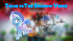 Size: 1240x698 | Tagged: safe, artist:puzzlshield2, trixie, hedgehog, pony, unicorn, g4, 3d, cape, clothes, crossover, fanfic, fanfic art, fanfic cover, female, fimfiction, hat, horn, magic, mmd, multiverse, render, shadow the hedgehog, shrunken pupils, sonic and the black knight, sonic boom, sonic the hedgehog (film), sonic the hedgehog (series), sonic x shadow generations, story in the source, trixie's cape, trixie's hat