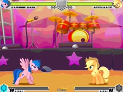 Size: 993x744 | Tagged: safe, artist:tom artista, applejack, firefly, rainbow dash, earth pony, pegasus, pony, g4, bipedal, bright, colored, colorful, crossover, drums, fan game, game screencap, light, musical instrument, new, stars