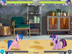 Size: 993x745 | Tagged: safe, artist:tom artista, firefly, rainbow dash, pegasus, pony, unicorn, fighting is magic, g4, book, cabinet, chair, cheese, decoration, detailed, detailed background, fan game, food, game screencap, horn, magic, mat, new, ornament, plant, recolor, stage, telekinesis, wall