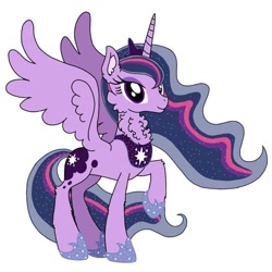 Size: 640x640 | Tagged: safe, artist:saturaed_acidity, princess luna, twilight sparkle, alicorn, pony, g4, cheek fluff, crown, ear fluff, ethereal mane, eyeshadow, female, hoof shoes, jewelry, makeup, mare, neck fluff, palette swap, peytral, princess shoes, raised hoof, recolor, regalia, simple background, smiling, solo, sparkling, sparkling mane, spread wings, twilight sparkle (alicorn), white background, wings