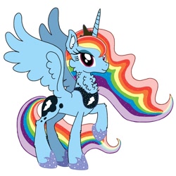 Size: 640x640 | Tagged: safe, artist:saturaed_acidity, princess luna, rainbow dash, alicorn, pony, g4, alicornified, cheek fluff, crown, ear fluff, ethereal mane, eyeshadow, female, hoof shoes, jewelry, makeup, mare, neck fluff, palette swap, peytral, princess shoes, race swap, rainbowcorn, raised hoof, recolor, regalia, simple background, smiling, solo, sparkling, sparkling mane, spread wings, white background, wings