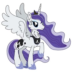 Size: 640x640 | Tagged: safe, artist:saturaed_acidity, princess luna, rarity, alicorn, pony, g4, alicornified, cheek fluff, crown, ear fluff, ethereal mane, eyeshadow, female, hoof shoes, jewelry, makeup, mare, neck fluff, palette swap, peytral, princess shoes, race swap, raised hoof, raricorn, recolor, regalia, simple background, smiling, solo, sparkling, sparkling mane, spread wings, white background, wings