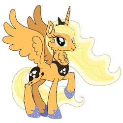 Size: 640x640 | Tagged: safe, artist:saturaed_acidity, applejack, princess luna, alicorn, pony, g4, alicornified, applecorn, cheek fluff, crown, ear fluff, ethereal mane, eyeshadow, female, freckles, hoof shoes, jewelry, makeup, mare, neck fluff, palette swap, peytral, princess shoes, race swap, raised hoof, recolor, regalia, simple background, smiling, solo, sparkling, sparkling mane, spread wings, white background, wings