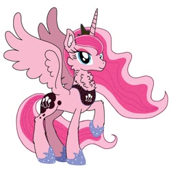 Size: 640x640 | Tagged: safe, artist:saturaed_acidity, pinkie pie, princess luna, alicorn, pony, g4, alicornified, cheek fluff, crown, ear fluff, ethereal mane, eyeshadow, female, hoof shoes, jewelry, makeup, mare, neck fluff, palette swap, peytral, pinkiecorn, princess shoes, race swap, raised hoof, recolor, regalia, simple background, smiling, solo, sparkling, sparkling mane, spread wings, white background, wings