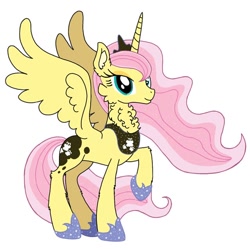 Size: 640x640 | Tagged: safe, artist:saturaed_acidity, fluttershy, princess luna, alicorn, pony, g4, alicornified, cheek fluff, crown, ear fluff, ethereal mane, eyeshadow, female, fluttercorn, hoof shoes, jewelry, makeup, mare, neck fluff, palette swap, peytral, princess shoes, race swap, raised hoof, recolor, regalia, simple background, smiling, solo, sparkling, sparkling mane, spread wings, white background, wings