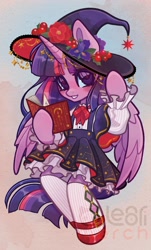 Size: 1839x3051 | Tagged: safe, artist:lenori, twilight sparkle, alicorn, pony, g4, book, clothes, cute, digital art, eyelashes, female, hat, horn, jewelry, looking at you, mare, smiling, socks, solo, twilight sparkle (alicorn), watermark, witch hat