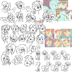 Size: 1280x1280 | Tagged: safe, artist:muffinz, bon bon, doctor whooves, fluttershy, lyra heartstrings, pinkie pie, roseluck, sunburst, sweetie drops, time turner, earth pony, pegasus, pony, unicorn, g4, facial expressions, horn, practice drawing, practice sketch, sketch, sketch dump