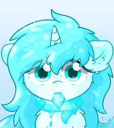 Size: 1454x1620 | Tagged: safe, artist:kigxyi, oc:叶黎零彩, pony, unicorn, bust, ear fluff, female, fluffy, horn, looking at you, mare, mouth hold, slime, slime unicorn, solo, tongue out