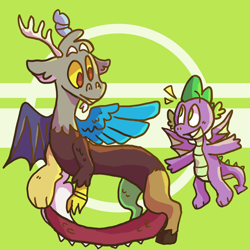 Size: 2000x2000 | Tagged: safe, artist:smile-files, discord, spike, draconequus, dragon, g4, abstract background, cute, discute, duo, duo male, male, spikabetes, winged spike, wings