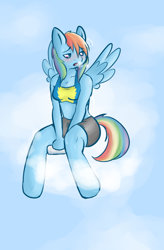 Size: 580x884 | Tagged: safe, artist:skywriter, rainbow dash, pegasus, anthro, unguligrade anthro, g4, 2011, breath, clothes, cloud, female, lidded eyes, old art, on a cloud, shorts, sitting, sitting on a cloud, solo, sports bra, sweat, tired, water bottle