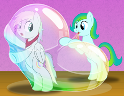 Size: 2250x1750 | Tagged: safe, artist:bladedragoon7575, oc, oc only, oc:delphina depths, earth pony, pegasus, pony, bipedal, bubble, duo, female, in bubble, male, mare, pegasus oc, stallion