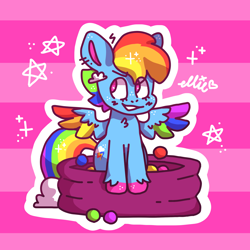 Size: 2000x2000 | Tagged: safe, artist:smile-files, rainbow dash, pegasus, pony, g4, dashcon, female, grin, mare, smiling, solo, sparkles, striped background, teeth