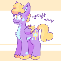 Size: 2000x2000 | Tagged: safe, artist:smile-files, oc, oc only, oc:night light, pegasus, pony, abstract background, blue coat, character name, cutie mark, folded wings, full body, hooves, male, name, pegasus oc, pronouns, purple coat, reference sheet, smiling, solo, stallion, stallion oc, tail, two toned background, wings, yellow eyes, yellow mane, yellow tail