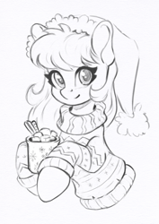 Size: 1240x1748 | Tagged: safe, artist:maytee, pony, bust, christmas, clothes, commission, drink, grayscale, hat, holiday, lineart, monochrome, portrait, santa hat, solo, sweater, ych sketch, your character here