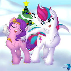 Size: 1280x1280 | Tagged: safe, artist:0ceanphoenix, artist:phoenixpaintfg, pipp petals, zipp storm, pegasus, pony, g5, christmas, christmas tree, deviantart watermark, duo, duo female, female, holiday, mare, obtrusive watermark, outdoors, pipp is short, royal sisters (g5), siblings, singing, sisters, snow, tree, watermark, winter