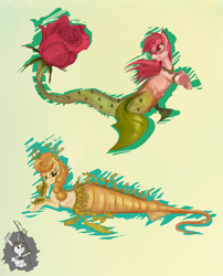 Size: 2675x3310 | Tagged: safe, artist:miradge, angel bunny, carrot top, golden harvest, roseluck, merpony, pony, rabbit, g4, animal, female, fishing rod, flower, male, mare, rose, simple background, substrate body, surreal