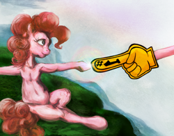 Size: 1534x1204 | Tagged: safe, alternate version, artist:dungeonxdrugs, artist:miradge, pinkie pie, earth pony, pony, g4, armpits, female, fine art parody, foam finger, mare, pinkie being pinkie, solo, the creation of adam