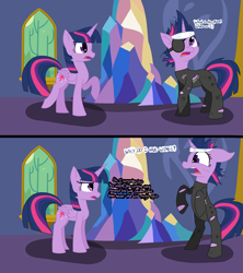 Size: 1920x2160 | Tagged: safe, artist:agreylongma, twilight sparkle, alicorn, pony, unicorn, g4, bipedal, crystal, dialogue, exclamation point, eyepatch, female, future twilight, horn, interrobang, mare, question mark, text, twilight sparkle (alicorn), twilight's castle, twolight, unicorn twilight