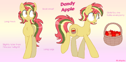 Size: 1318x656 | Tagged: safe, alternate version, artist:lullapiies, oc, oc:dandy apple, earth pony, pony, basket, female, gradient background, long legs, mare, solo, tall