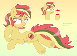 Size: 786x570 | Tagged: safe, artist:lullapiies, oc, oc:dandy apple, earth pony, pony, apple, apple core, cheek bulge, eating, female, food, lying down, mare, on side, solo