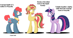 Size: 1221x646 | Tagged: safe, artist:lullapiies, apple split, twilight sparkle, oc, oc:dandy apple, alicorn, earth pony, pony, g4, apple family member, female, height difference, long legs, mare, tall, twilight sparkle (alicorn)