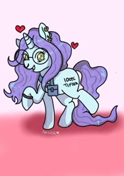 Size: 904x1280 | Tagged: safe, artist:anykoe, oc, unicorn, accessory, bag, cute, ear piercing, earring, female, floating heart, glasses, heart, horn, jewelry, long mane, looking at you, piercing, signature, simple background, smiling, smiling at you, solo, unicorn oc