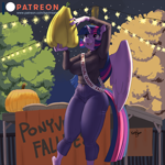 Size: 1000x1000 | Tagged: safe, artist:kevinsano, part of a set, twilight sparkle, alicorn, anthro, unguligrade anthro, g4, autumn, award, clothes, eyebrows, eyebrows visible through hair, female, food, gourd, holding, lights, night, outdoors, pie, pumpkin, sash, smiling, solo, table, twilight sparkle (alicorn)