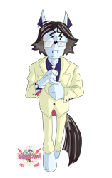 Size: 3086x4922 | Tagged: safe, artist:jawslocks03, oc, oc:handsome henry, earth pony, anthro, unguligrade anthro, biker, biker gang, brown mane, character render, clothes, graying hair, mlha, my little hazards area, opposable hooves, parody, riding wasps, solo, suit, sunglasses, white coat