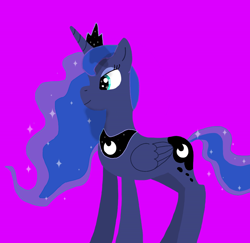 Size: 640x622 | Tagged: safe, artist:suitable_ant_7195, princess luna, alicorn, pony, g4, crown, ethereal mane, eyeshadow, female, folded wings, jewelry, makeup, mare, peytral, pink background, regalia, simple background, smiling, solo, sparkling mane, wings